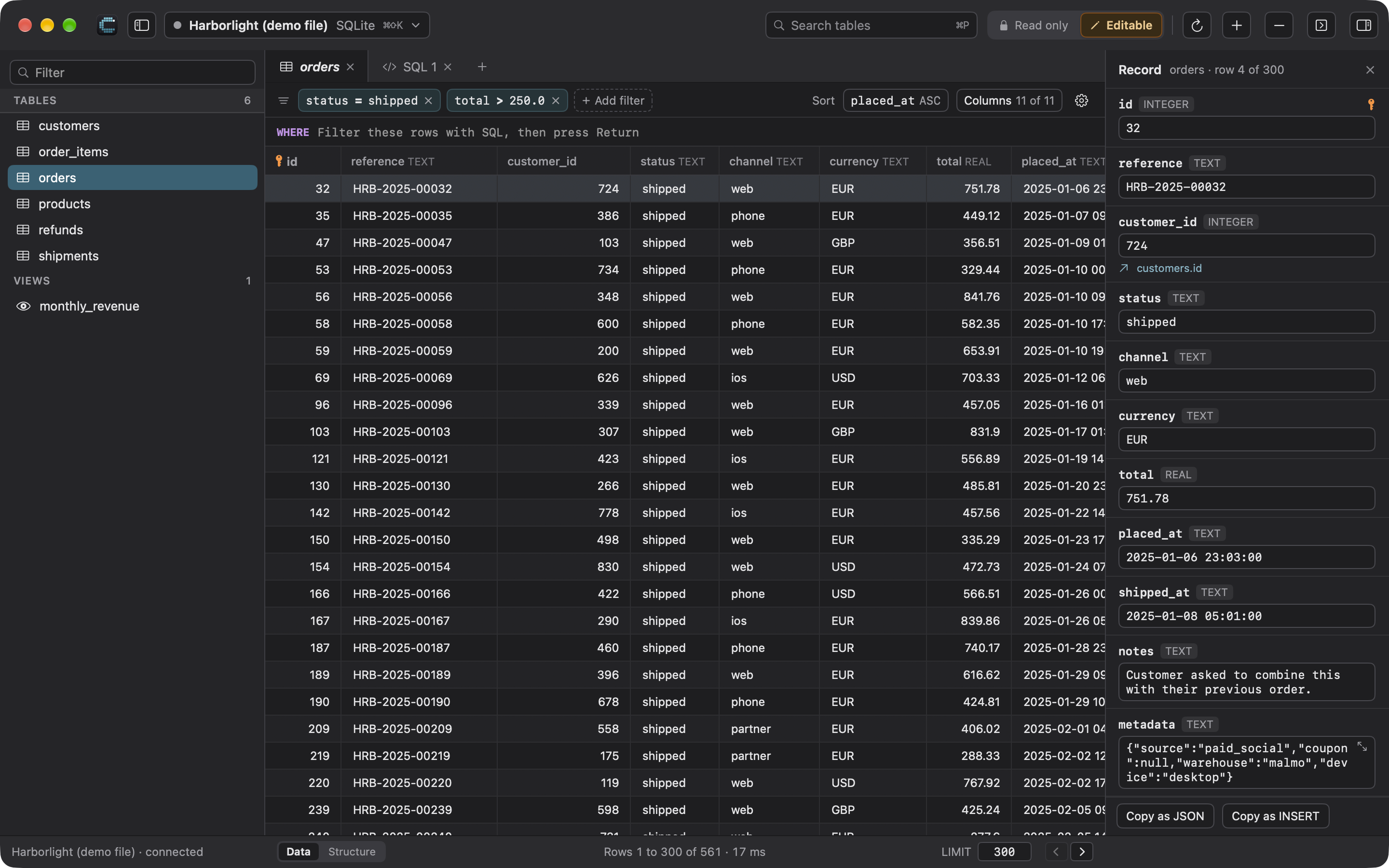 Cedvel in dark mode with a filtered table