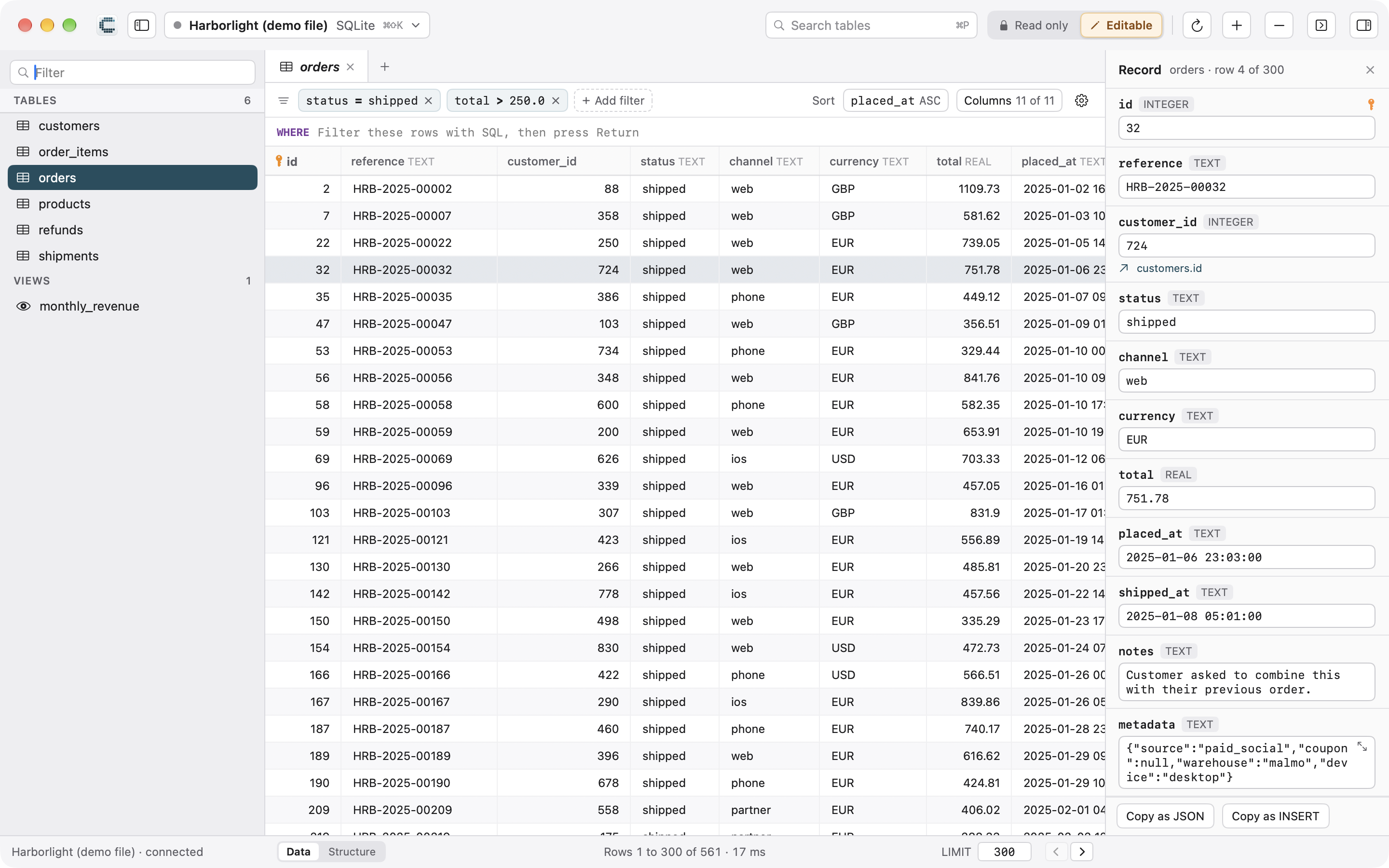 Cedvel browsing a table of orders, with filters and the record panel open