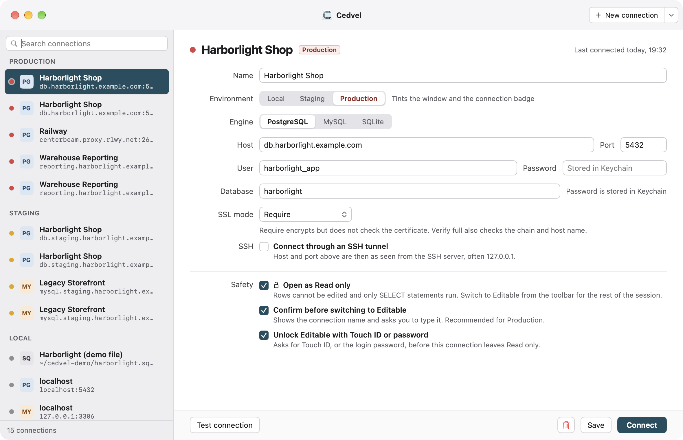 The connection manager with local, staging and production connections