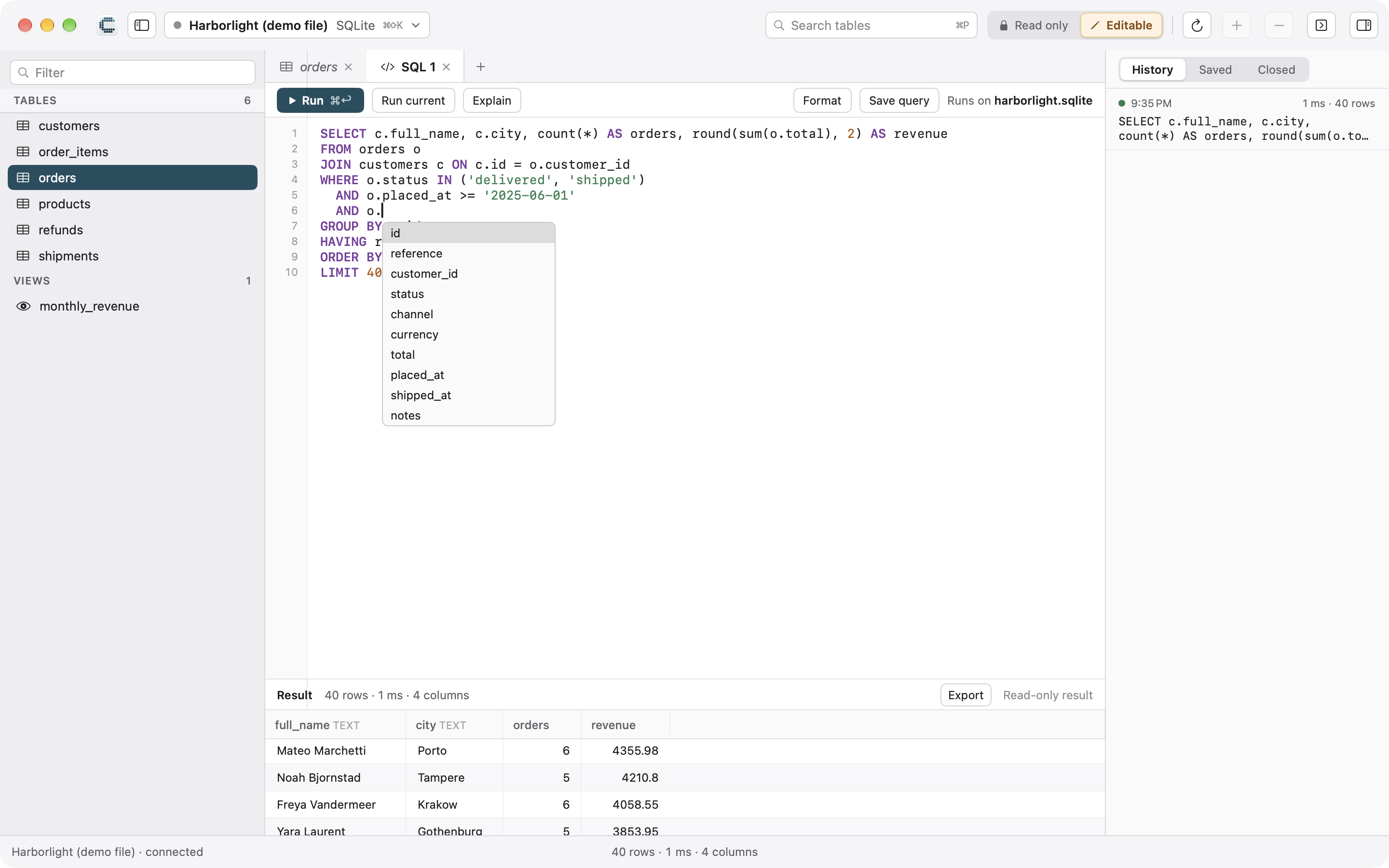 A SQL query in Cedvel with its results below