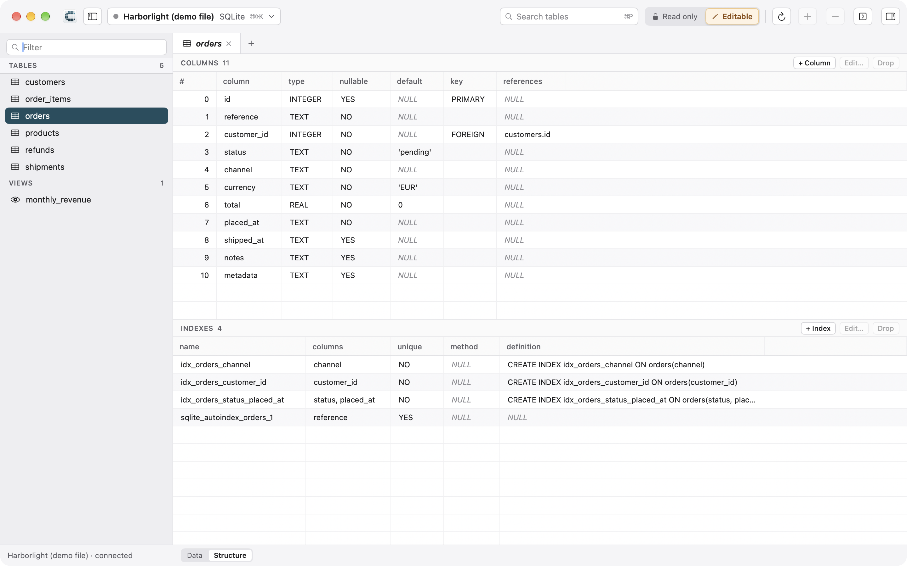 The structure view showing columns and indexes
